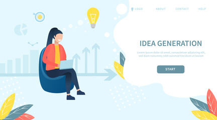Landing page template with a girl who creates ideas and steps of project development. Girl creates ideas for business improvement. Flat Vector Illustration