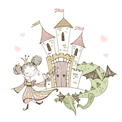 Cute little Princess and fairy-tale dragon. Vector