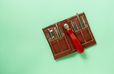 Set of repair tools on a color background. Space for text