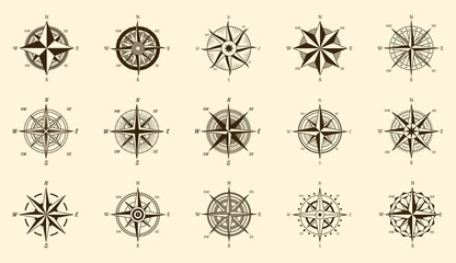 Compass set. North and south direction measure on isolated engraving labels, vector wind rose hand drawn icons