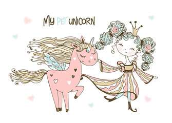 Fototapety  Cute Princess with her fabulous pink unicorn. Vector.
