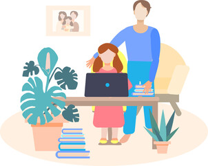 Fototapeta premium Teaching children online. Home classes with children. Lessons with a child. A father helps his daughter with her homework. Flat style vector illustration isolated on white background.