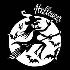 Witch with crazy smile and hat flies on broom in the full moon with bats around, halloween theme, creepy black and white cartoon