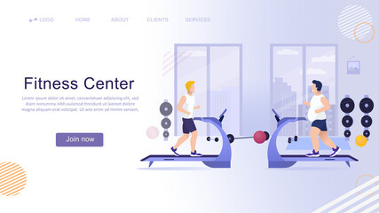 Two men running on treadmills in gym. Silhouette of the city on the background. Modern fitness center. Sport fitness gym landing. Fitness club, gym tool. Flat Vector Illustration