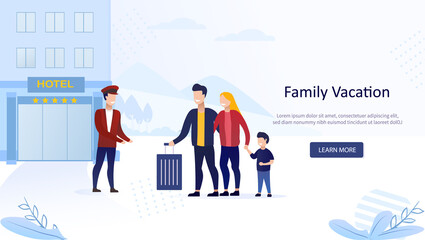 Young family on vacation. Tourists concept of lodging in hotel. Landing Page. Check into Hotel. The doorman helps with a suitcase. Flat Vector Illustration