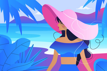 Obraz na płótnie Canvas Young woman in hat at the beach. Flat design style. 