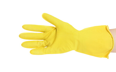Person in rubber glove on white background, closeup of hand