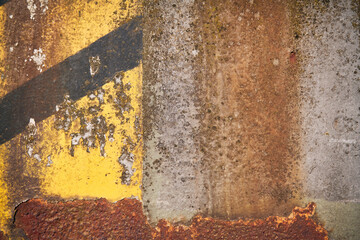 Rusty metal surface with black and yellow hazard stripes