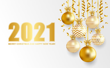 2021 Merry Christmas and Happy New Year card with balls and serpentine. Vector illustration.