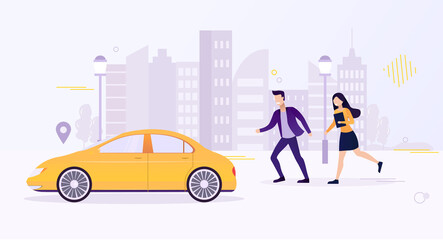 Workers man and woman rush to work trying to catch yellow car. Silhouette of the city on the background. Peope are Late for work. Flat Vector Illustration