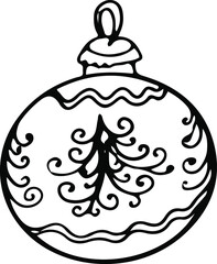 Cute doodle outine christmas ball with fir tree decoration. Hand drawn vector line art of New Year toy . Trendy New Year and Merry Christmas design. Isolated on white background.