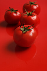 tomates rojos maduros sobre un fondo rojo 