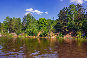 Obraz premium Beautiful summer landscape, forest trees are reflected in calm river water against a background of blue sky and white clouds.