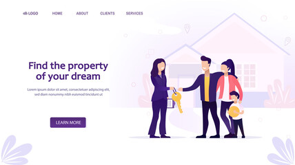 Happy family standing in front of house. Landing page template for mortgage, buying a house, real estate concept. A woman sells or rents a young family home. Flat Vector Illustration