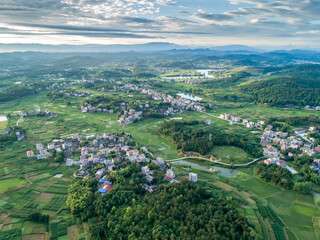 Fototapeta na wymiar Rural countryside aerial view, green countryside and villages, Hunan, China。