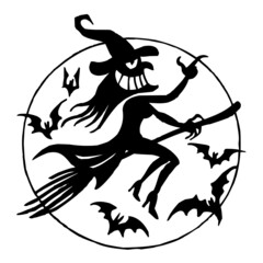 Witch with crazy smile and hat flies on broom in the full moon with bats around, halloween theme, scary black and white cartoon