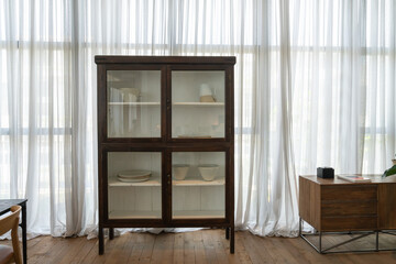 Chongqing, China, June 5, 2020: The modern, bright and comfortable atmosphere of the indoor apartment. General cleaning, home furnishing and house selling preparation. Wooden country villa