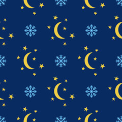 Obraz na płótnie Canvas Seamless Background Pattern With Stars, Moon And Snowflakes. Wallpaper For Kids Or Background For Scrapbooks.