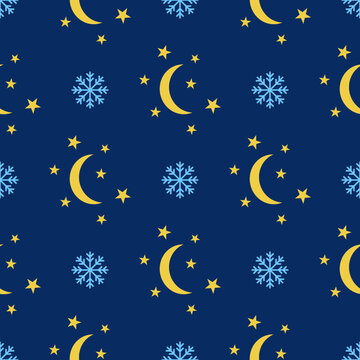Seamless Background Pattern With Stars, Moon And Snowflakes. Wallpaper For Kids  Or Background For Scrapbooks.