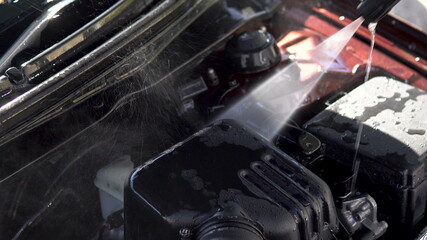 Washes away dirt from a car engine with a high-pressure water jet close-up. Special detergent for...
