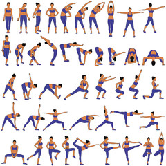 Fototapeta na wymiar Big set of colored vector silhouettes of slim woman in costume doing fitness workout in many different position. Many icons of girl doing sport exercises. Active and healthy life concept.