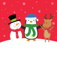 Cute Christmas character sets with penguin, Reindeer and snowman