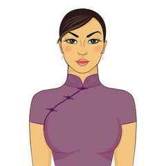 Vector illustration of woman in traditional dress. Chinese girl. Authentic asian woman. Beautiful hand drawn asian lady isolated on white background.