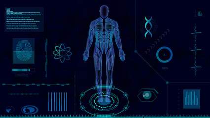 16:9 hud interface,futurastic human body,hud biology elelemt,Display set of virtual interface elements,digital Human , Human Virtual Body, virtual screen interface as Modern medical technology © VINAYKUMAR