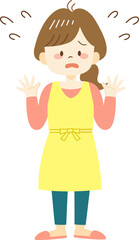 Upset young woman in yellow apron