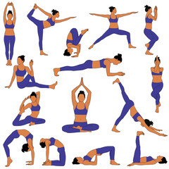 Vector silhouettes of woman practicing yoga. Colored shapes of slim girl in costume doing yoga exercises in different poses isolated on white background. Yoga icons.