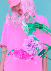 Fashion Pretty Vanilla Girl pastel style. Girl 90s aesthetic. Fresh Summer Flowers bloom mood