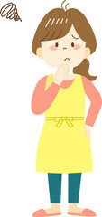 Thinking young woman in yellow apron