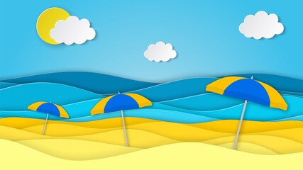 Fototapeta na wymiar Sea landscape with beach with umbrella, waves, clouds. Paper cut out digital craft style. abstract blue sea and beach summer background with paper waves and seacoast. Vector illustration