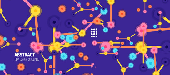 Flat style geometric abstract background, round dots or circle connections on color background. Technology network concept.