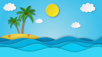 Fototapeta na wymiar Sea view on clear sky. paper cut and craft style. blue sea waves white air clouds paper art style of cover design. island with palm and coconut. Vector illustration
