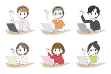 マスクとヘッドセットをつけてパソコン操作をする男女のセット