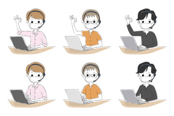 マスクとヘッドセットをつけてパソコン操作をする男性のセット