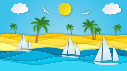 Fototapeta na wymiar Sea landscape with beach, waves, clouds. Sailboat in the sea. Paper cut out digital craft style. abstract blue sea and beach summer background with paper waves and seacoast. Vector illustration