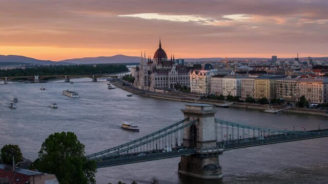 Time lapse with amazing view of Budapest with Parliament building, Chain bridge and Danube river at sunset