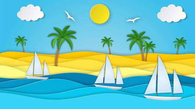 Sea landscape with beach, waves, clouds. Sailboat in the sea. Paper cut out digital craft style. abstract blue sea and beach summer background with paper waves and seacoast. Vector illustration