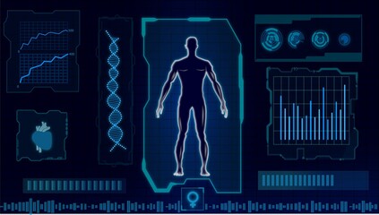 16:9 hud interface,futurastic human body,hud biology elelemt,Display set of virtual interface elements,digital Human , Human Virtual Body, virtual screen interface as Modern medical technology © VINAYKUMAR