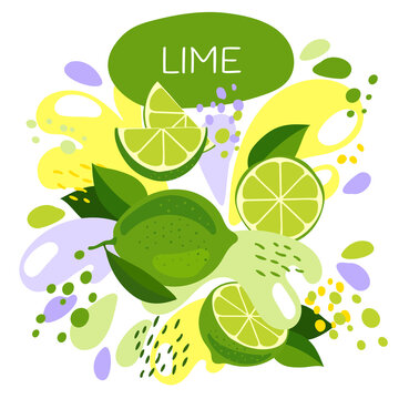 Vector Illustration Of An Organic Fruit Drink. Ripe Lime Fruits With Splash Of Bright Fresh Lime Juice Background. Eco Concept For A Natural Fruit Smoothie Label.