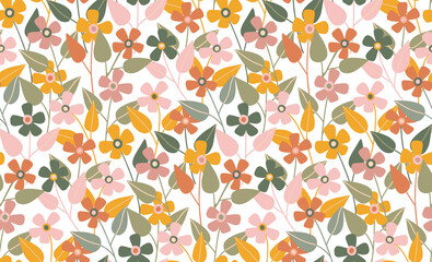 Floral pattern. Seamless vector texture with flowers for fashion prints or wall paper. Pink color. Hand drawn style, light background.