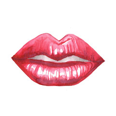 Watercolor illustration of red lips on a white background