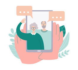 Video call with grandparents. Online communication during quarantine. Senior couple on phone screen. Talking on Internet with old parents. Social distancing lifestyle. Chatting during isolation period