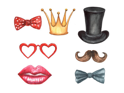 Watercolor illustration. A party. The concept of the carnival a carnival mask. Includes crown, hat, lips, and mustache. Masks for a photo shoot.