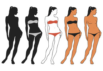 Vector silhouettes of woman in bikini black and color style. Icons of beautiful slim girl isolated on white background.