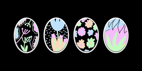 Illustration.  Four Easter eggs with a floral print on a black background.