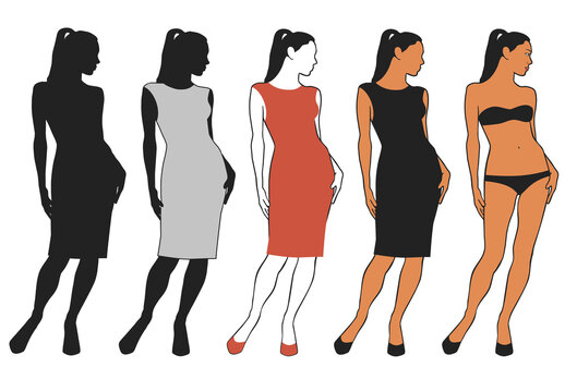 Vector silhouettes of beautiful woman in dress black and color style. Icons of slim girl isolated on white background. 