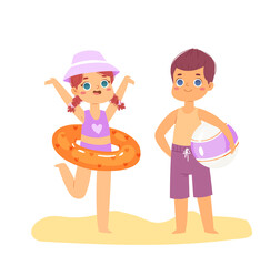Cute cartoon children have fun and jumping on the beach. Boy and girl with inflatable rubber circles on vacation. Happy kids having fun in the summer time, swimming pool party. Vector illustration